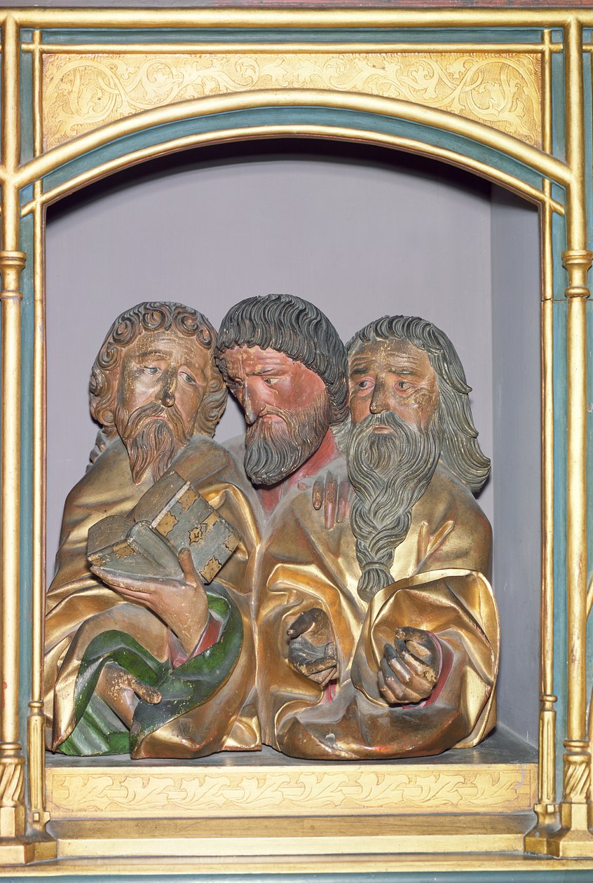 Holzschnitzereien der Heiligen Paulus, Matthäus und Thomas, von der ...