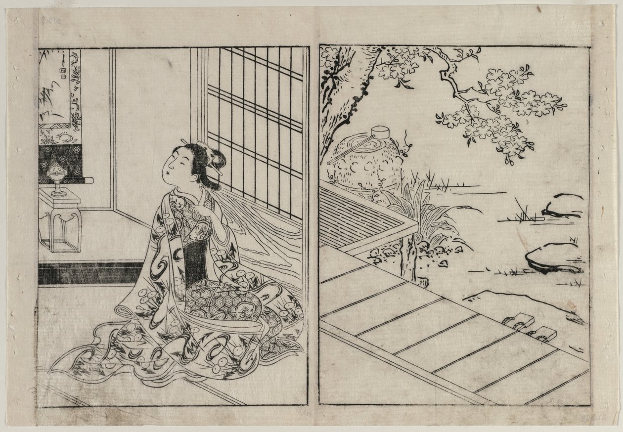 Frau betrachtet eine hängende Schriftrolle, ca. 1740er von Nishikawa Sukenobu