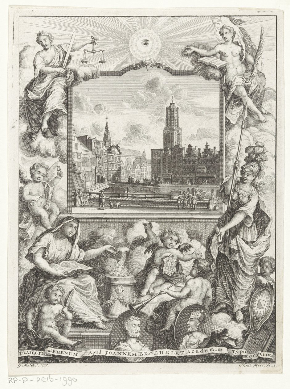 Stadtansicht mit Domkirche in Utrecht und Allegorie mit Utrechter Stadtjungfrau von Noach van der Meer (I)