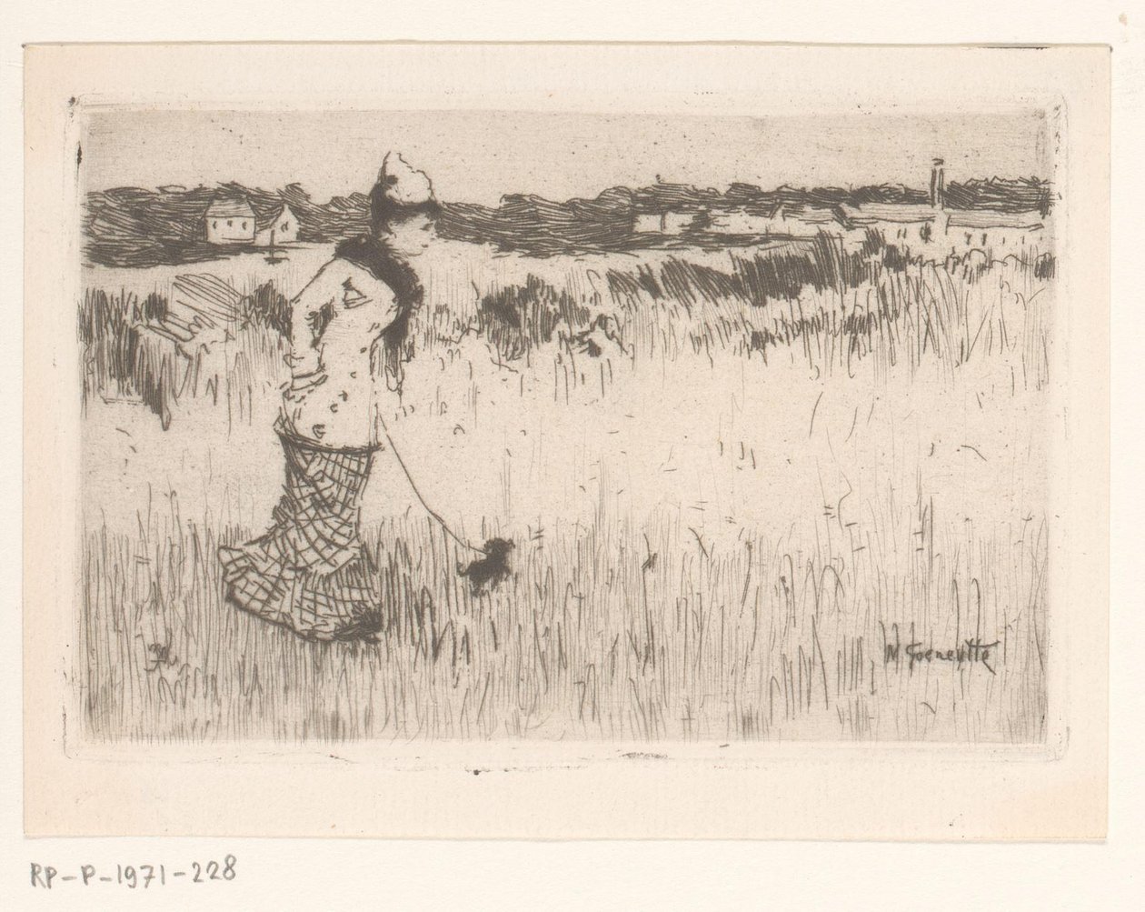 Spazierende Dame mit Hund in einer Landschaft von Norbert Goeneutte