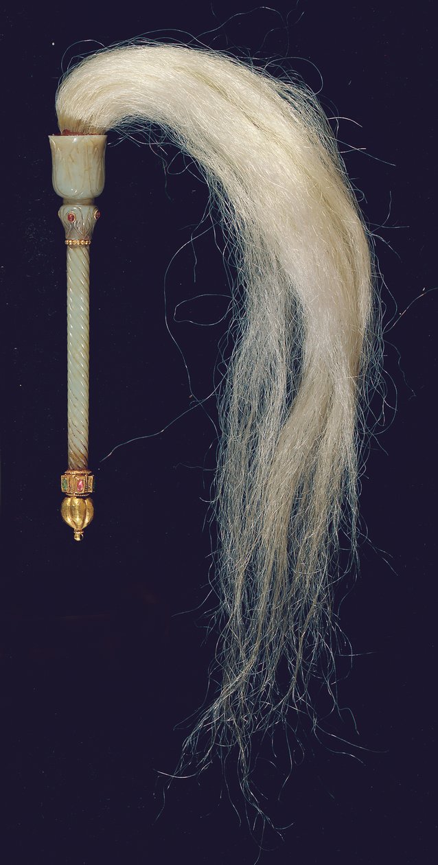 Ein Mogul geschnitzter Jade-Fliegenwedel (Jade, roter Stein, Gold & Pferdehaar), ca. 1775-79 von North Indian School