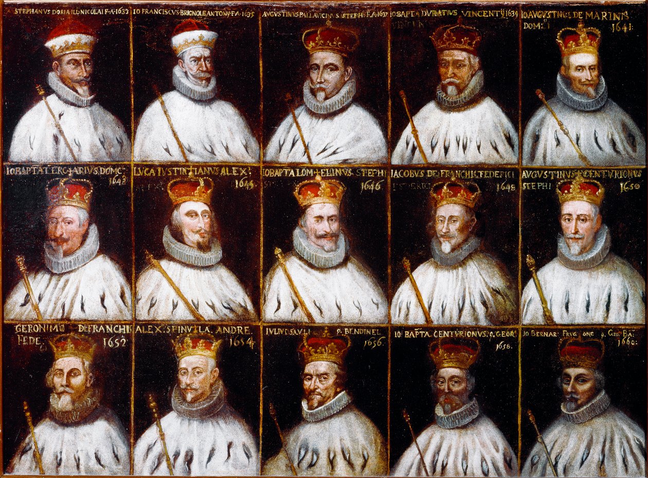 Wappen der Republik Genua und Porträts der Dogen. Giovanni Stefano Doria, Francesco Gio. Brignole Sale, Agostino Pallavicini, Giov.Battista Durazzo, Agostino Giovanni De Marini, Giovan Battista Lercari, Luca Giustiniani, Giovanni Battista L von Northern Italian School