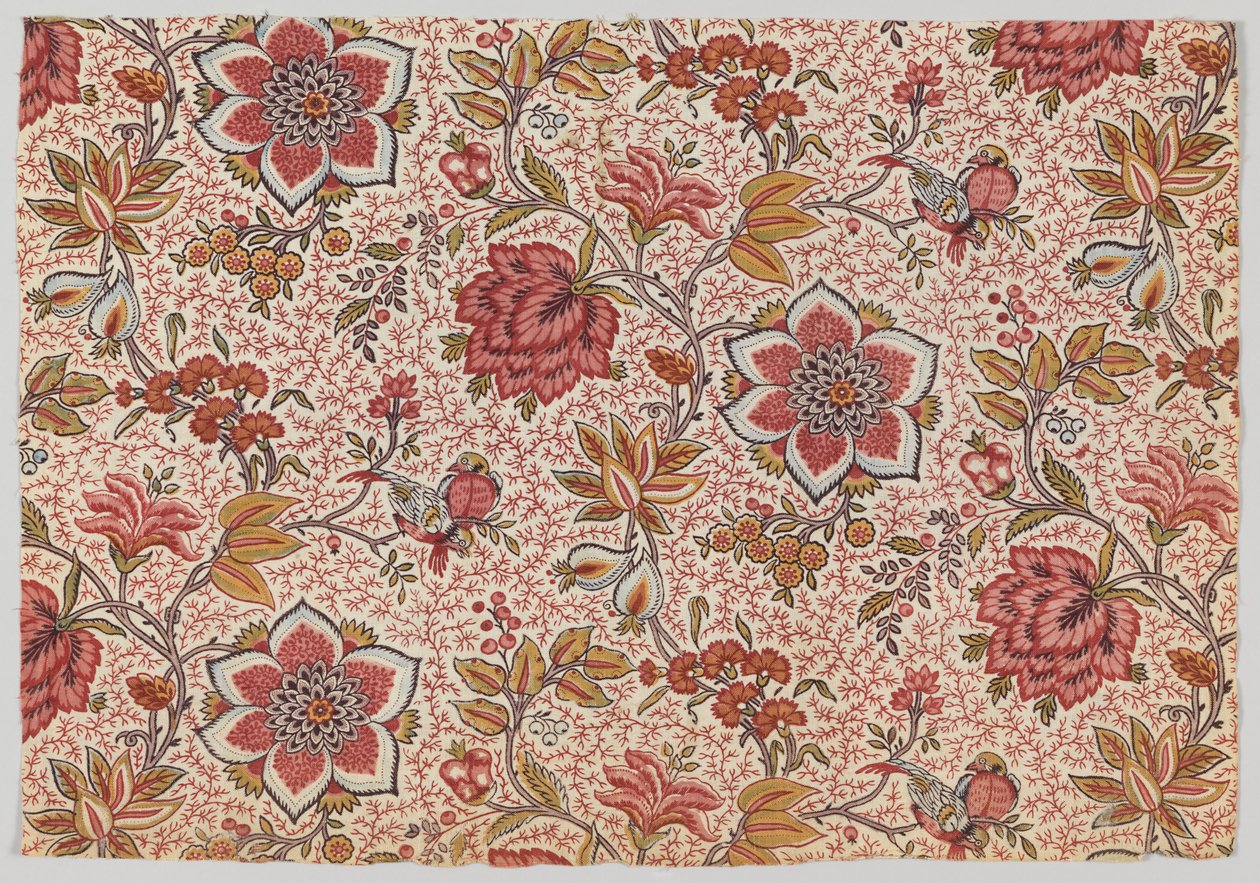Blumen und Vögel auf getupftem Zweighintergrund von Oberkampf and Cie.