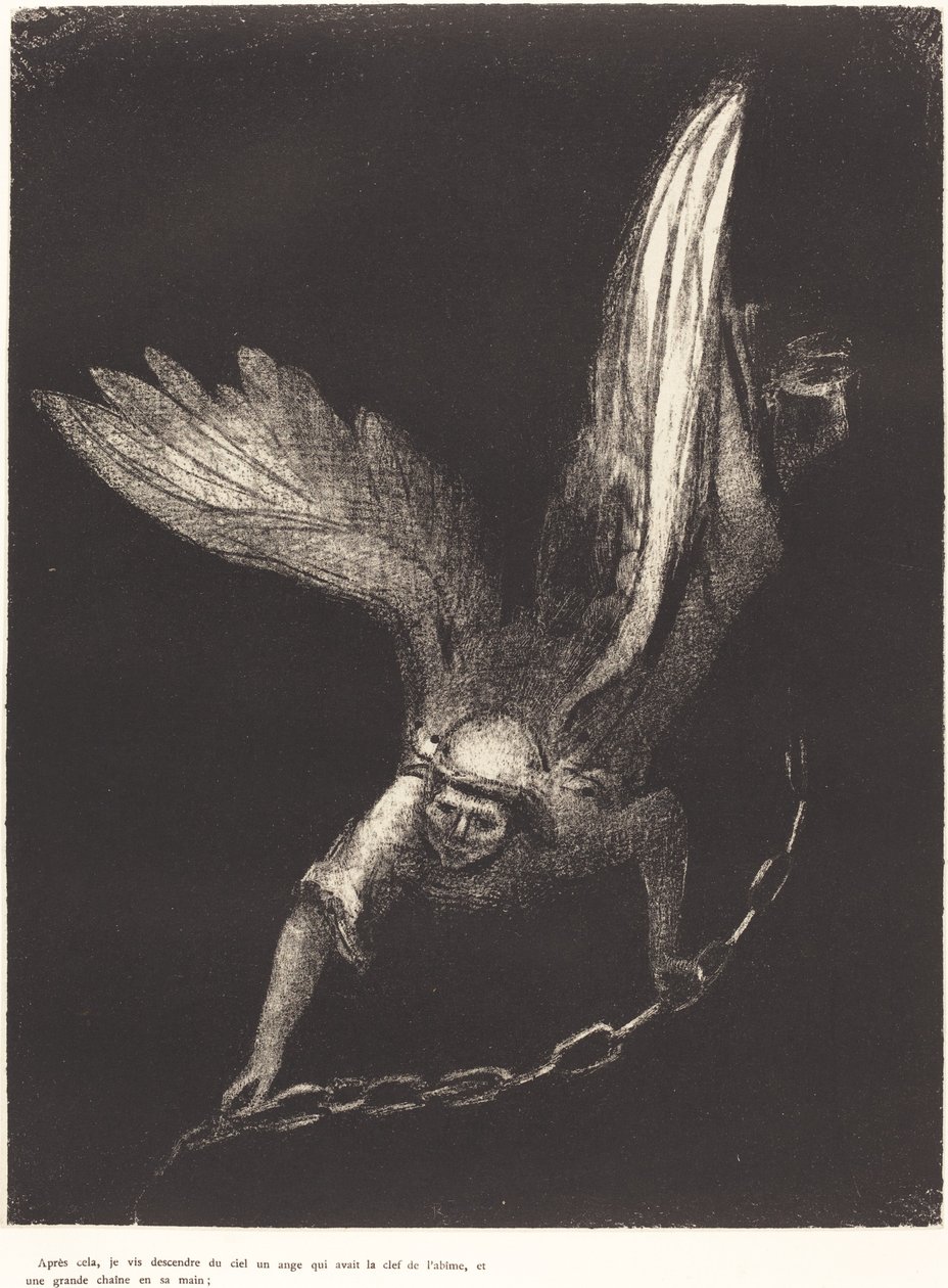 Und ich sah einen Engel vom Himmel herabsteigen, der den Schlüssel zum Abgrund und eine große Kette in seiner Hand hatte von Odilon Redon