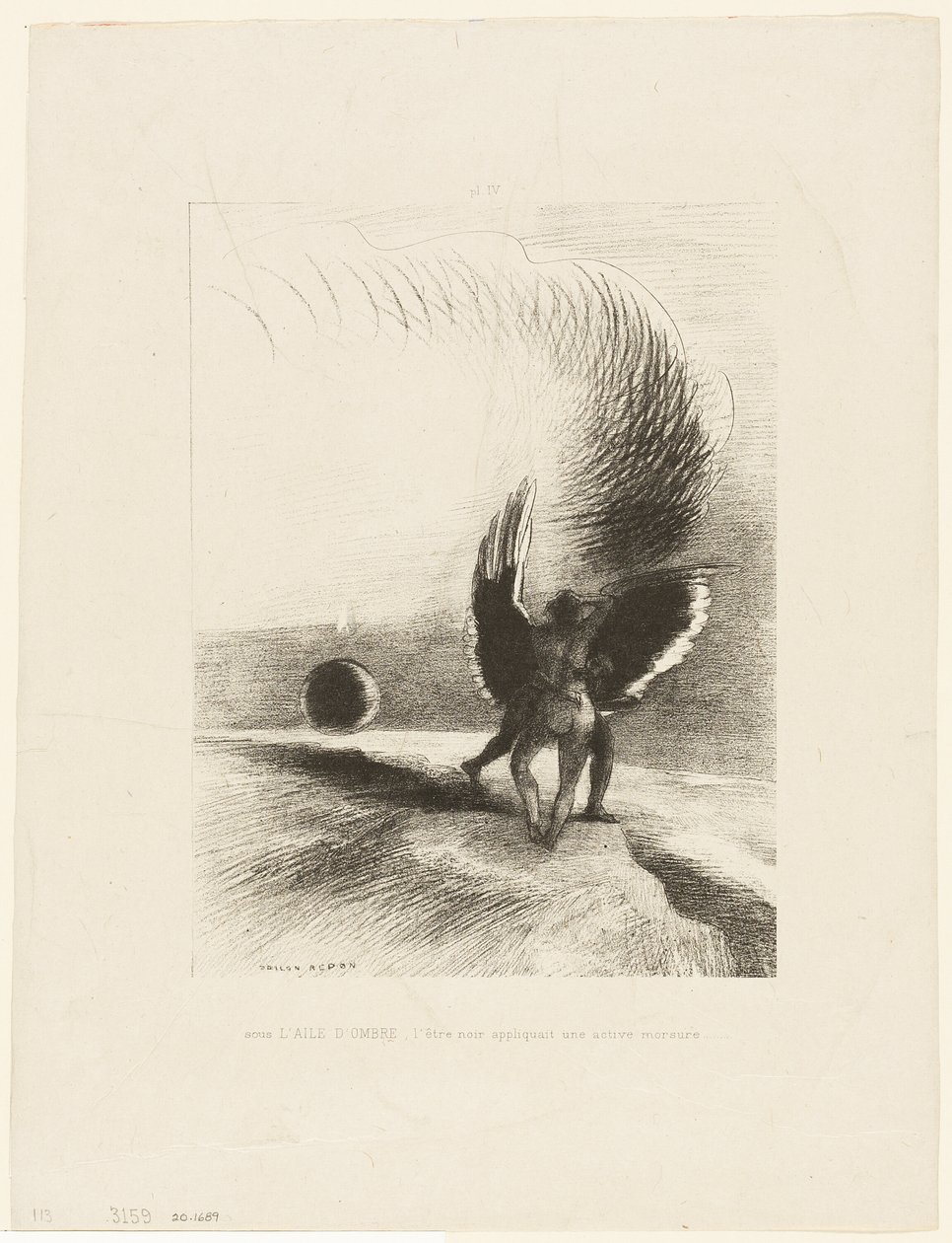 Unter dem Flügel eines Schattens biss die schwarze Kreatur energisch, Platte 4 von 6 von Odilon Redon