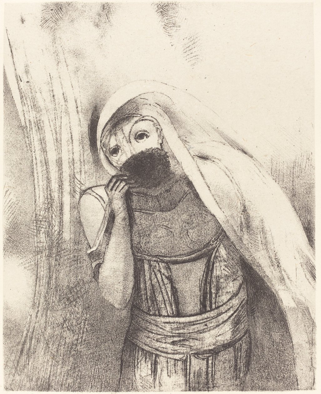 Sie zieht aus ihrer Brust einen völlig schwarzen Schwamm und bedeckt ihn mit Küssen von Odilon Redon