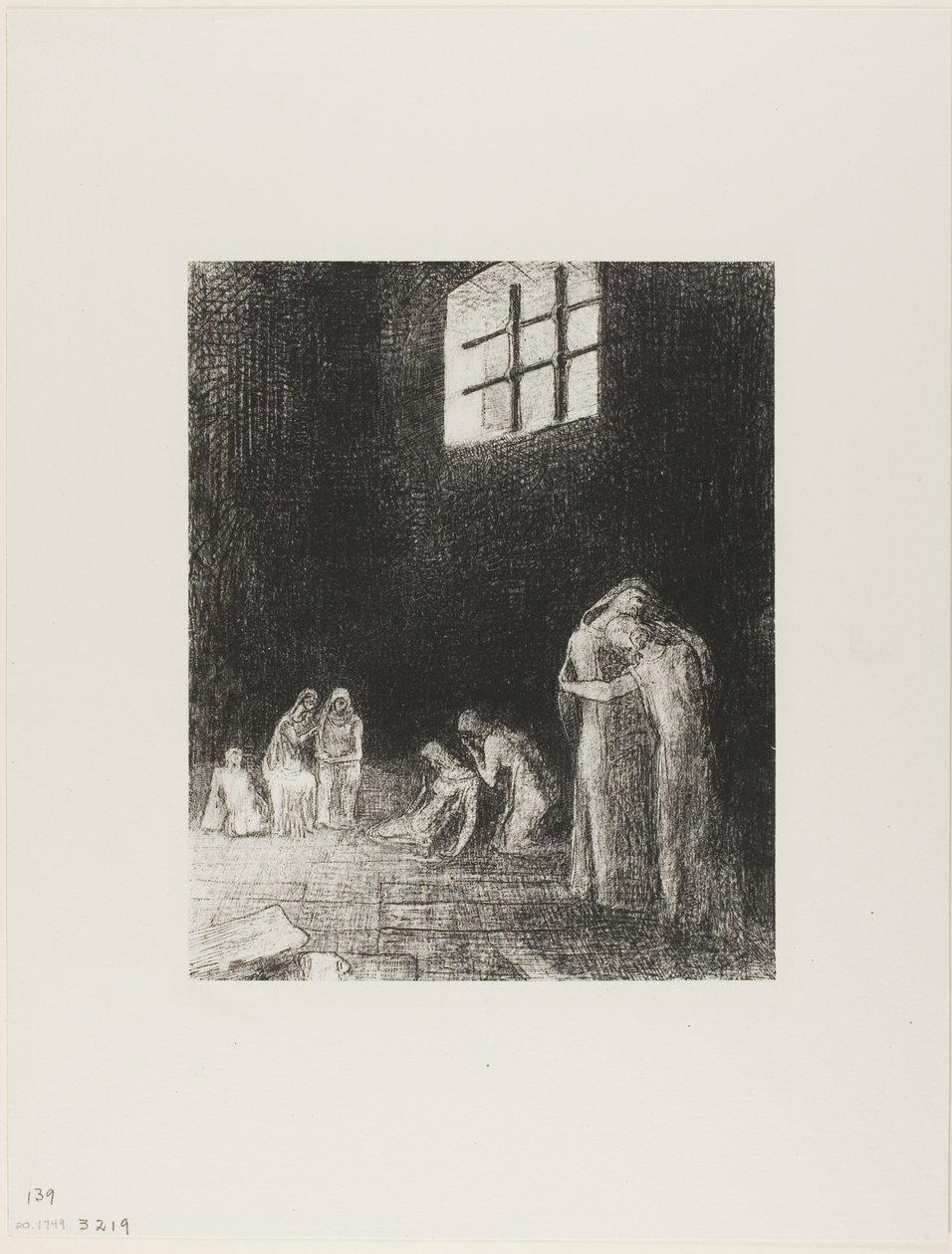 Im Schatten sind Menschen, die weinen und beten, umgeben von anderen, die sie ermahnen, Platte 6 von 24 von Odilon Redon