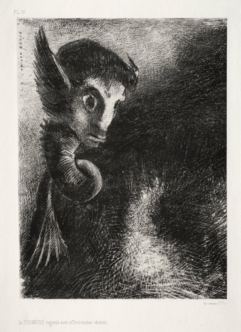 Die Chimäre betrachtete alles mit Angst von Odilon Redon