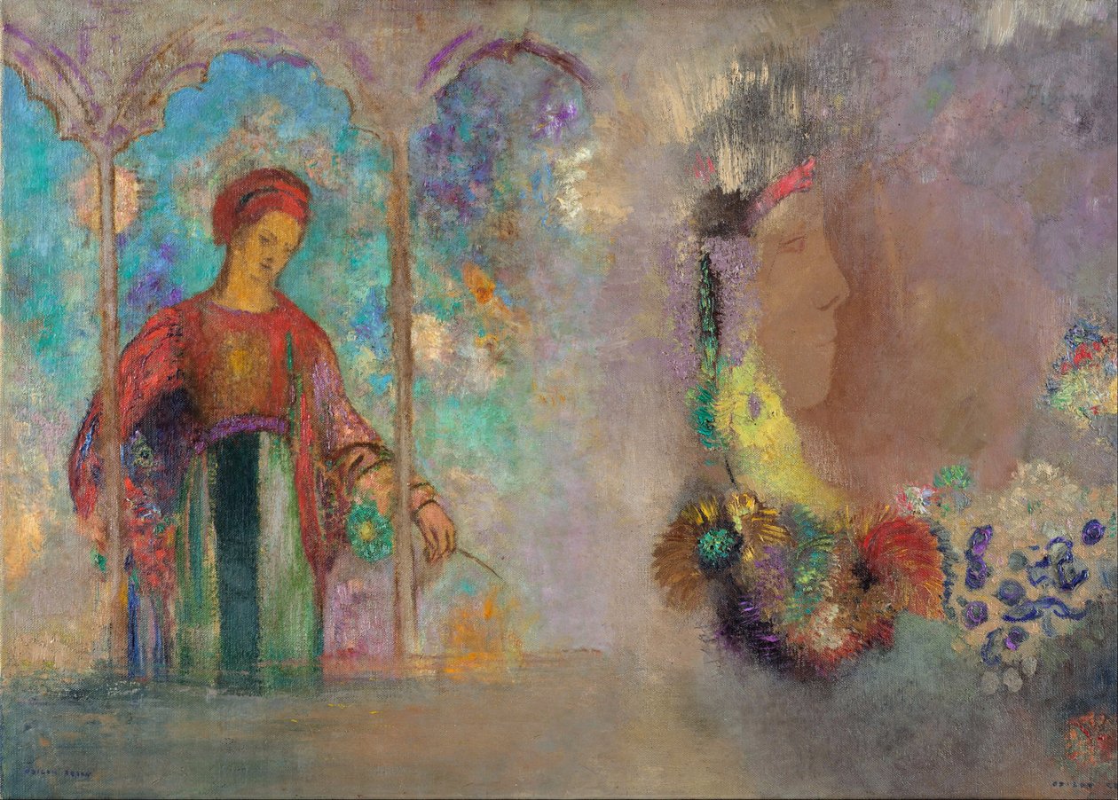 Frau in einer gotischen Arkade - Frau mit Blumen von Odilon Redon
