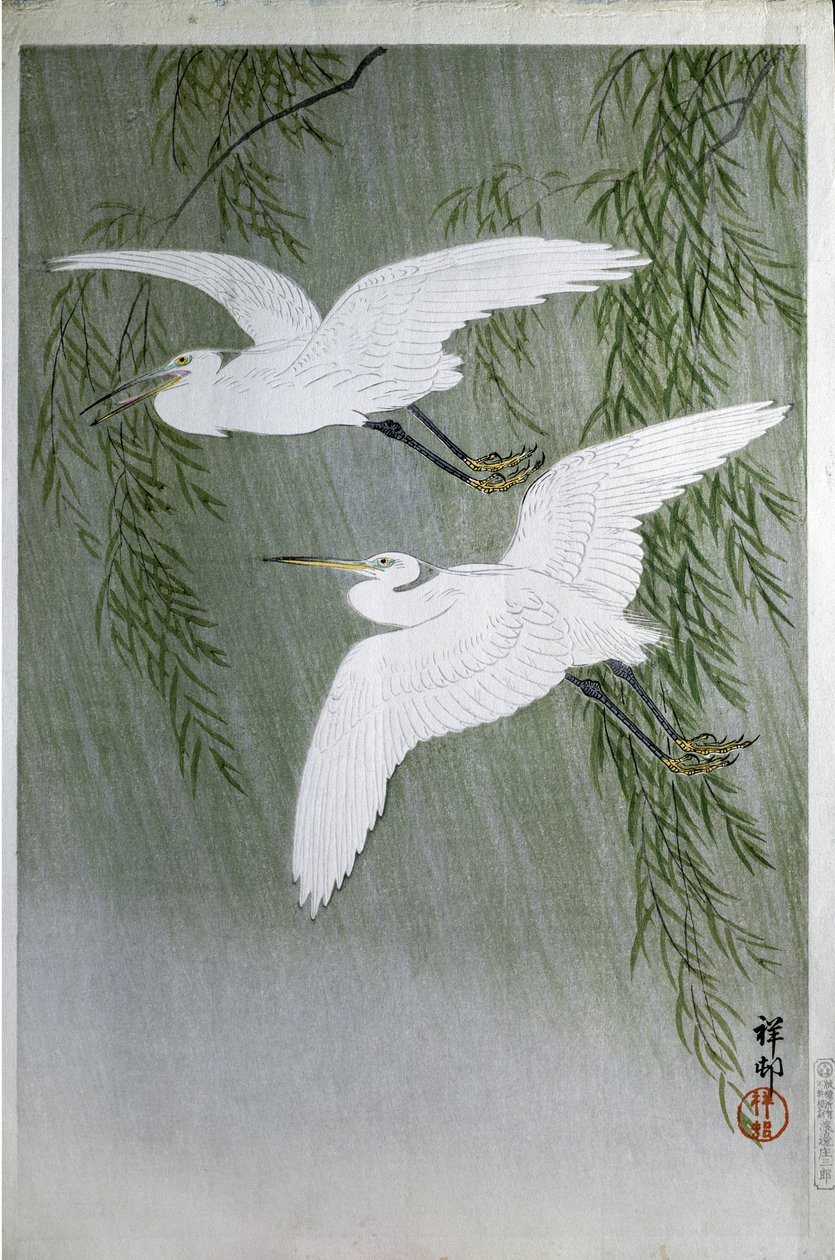 Zwei Reiher fliegen frei, 1907 (Farbholzschnitt) von Ohara Koson