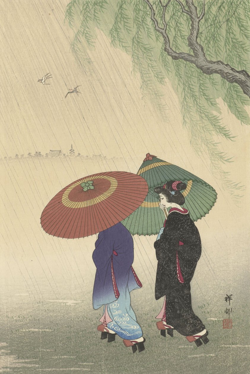 Zwei Frauen im Regen von Ohara Koson: Kunstdruck kaufen