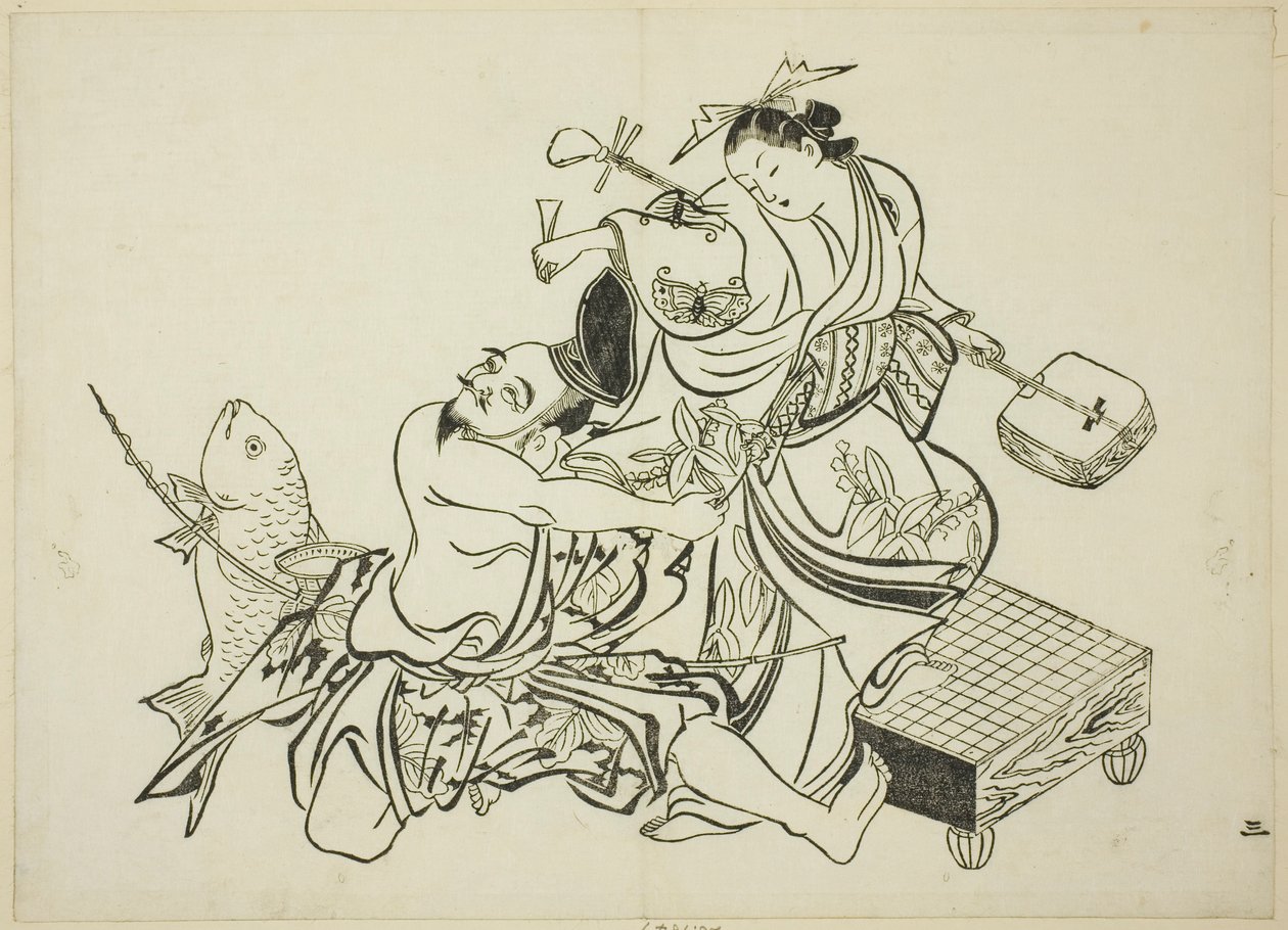 Ebisu flirtet mit einer Kurtisane, Nr. 3 aus einer Serie von 12 Drucken von Okumura Masanobu