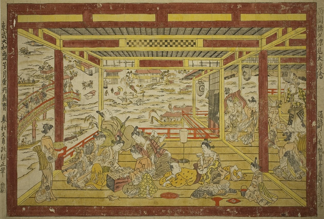 Den Abendkühlen in der Nähe der Ryogoku-Brücke genießen von Okumura Masanobu
