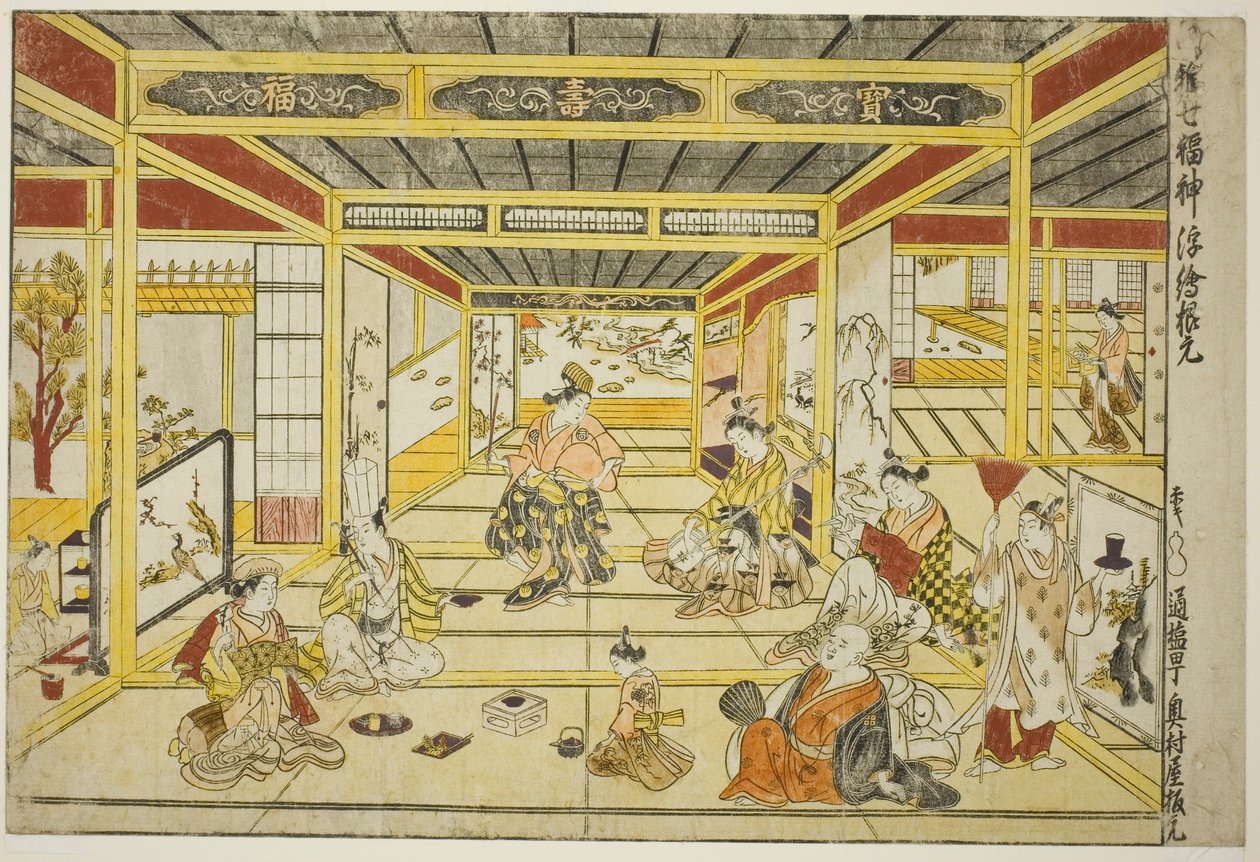 Originalperspektivbild der modischen sieben Glücksgötter (Furyu shichi fukujin uki-e kongen) von Okumura Masanobu