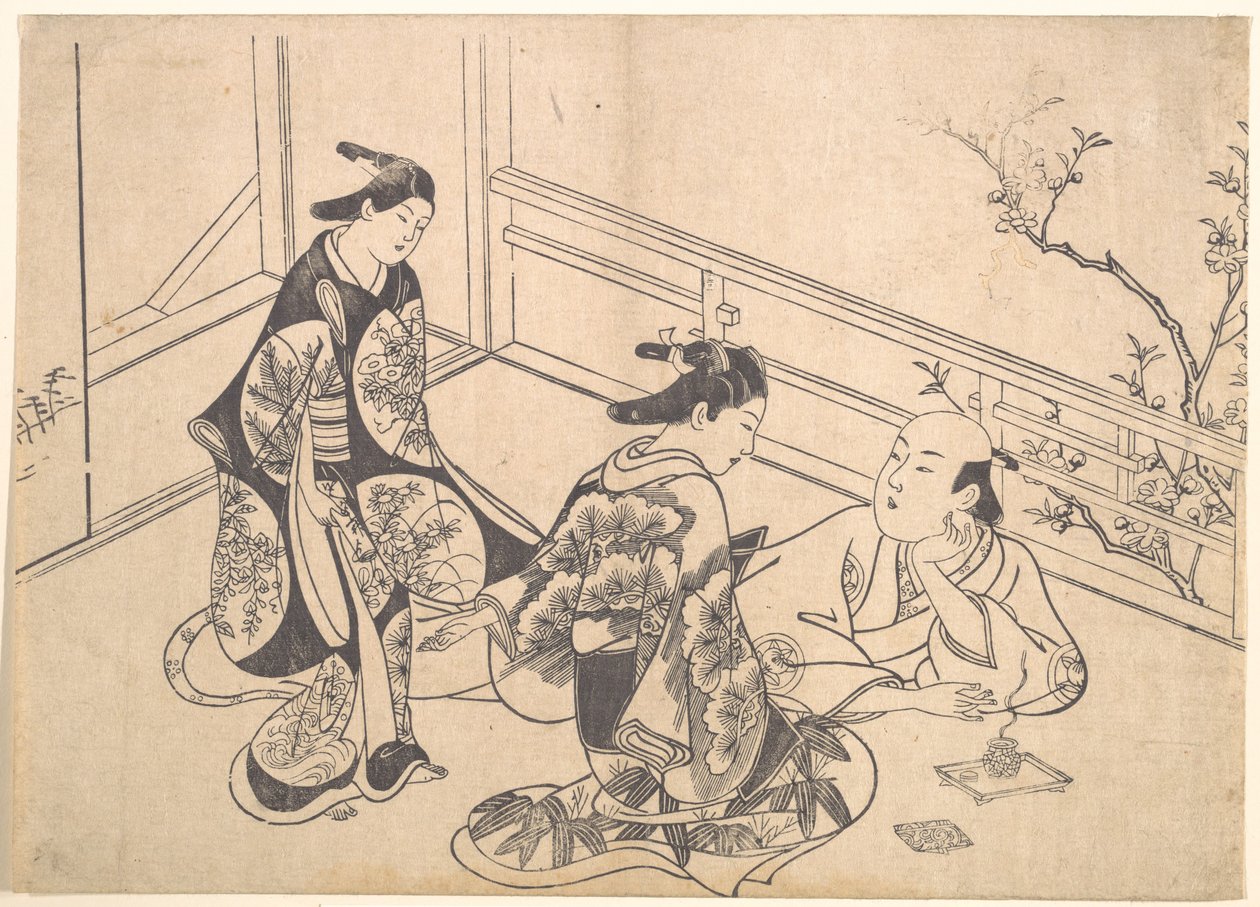 Der Schauspieler Ichimura Takenojo, auf einem Balkon liegend von Okumura Masanobu