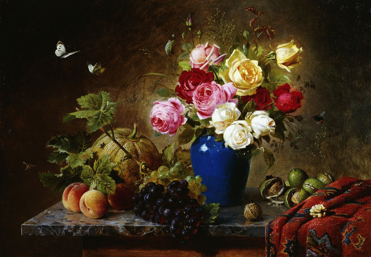 Rosen in einer Vase, Pfirsiche, Nüsse und eine Melone auf einem marmorierten Sims, 1891 von Olaf August Hermansen