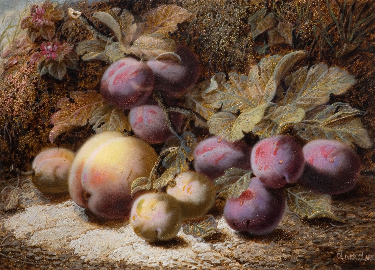 Stillleben mit Pfirsich und Pflaumen von Oliver Clare