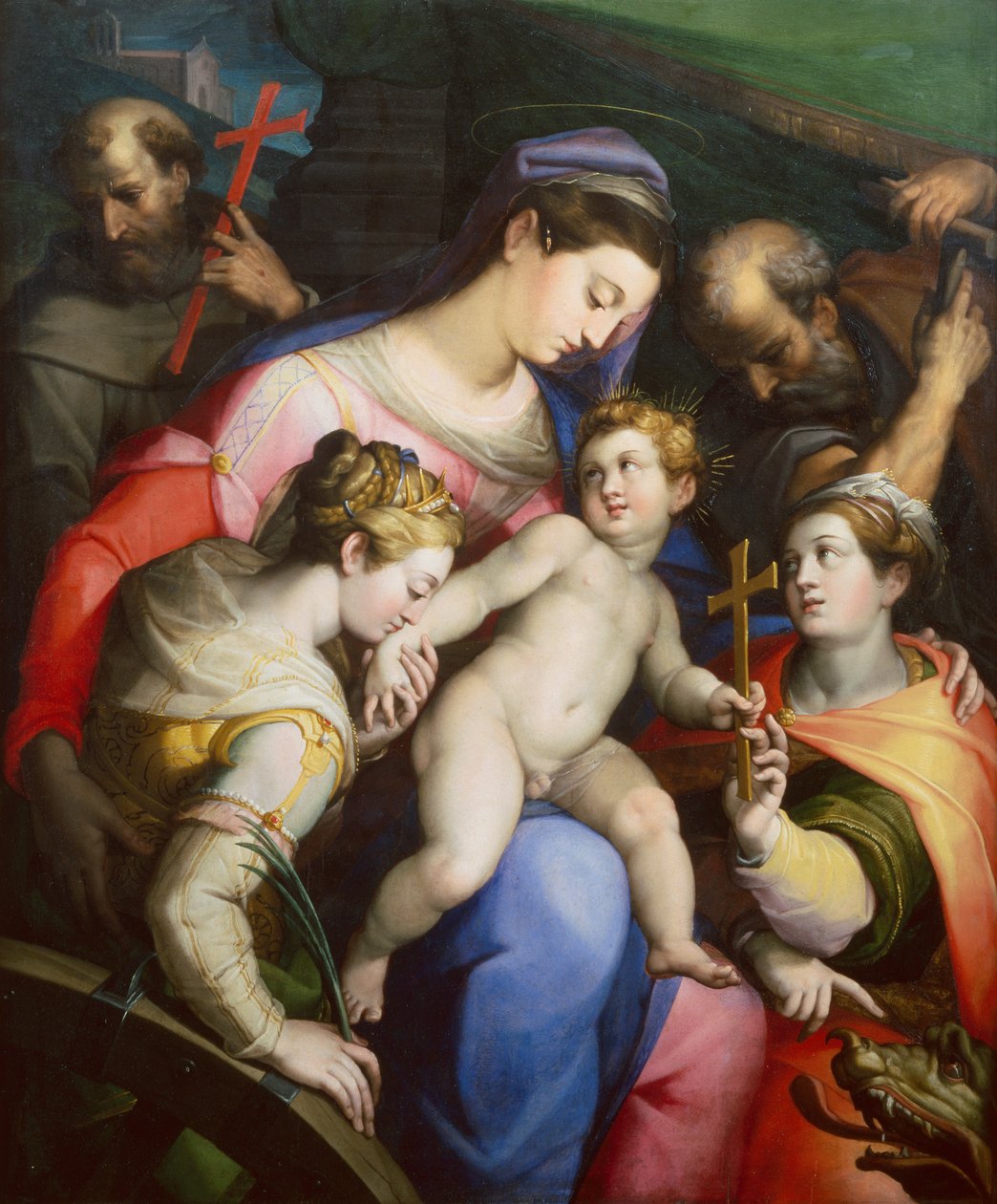 Die Heilige Familie mit den Heiligen Margareta, Katharina und Franziskus von Orazio Samacchini