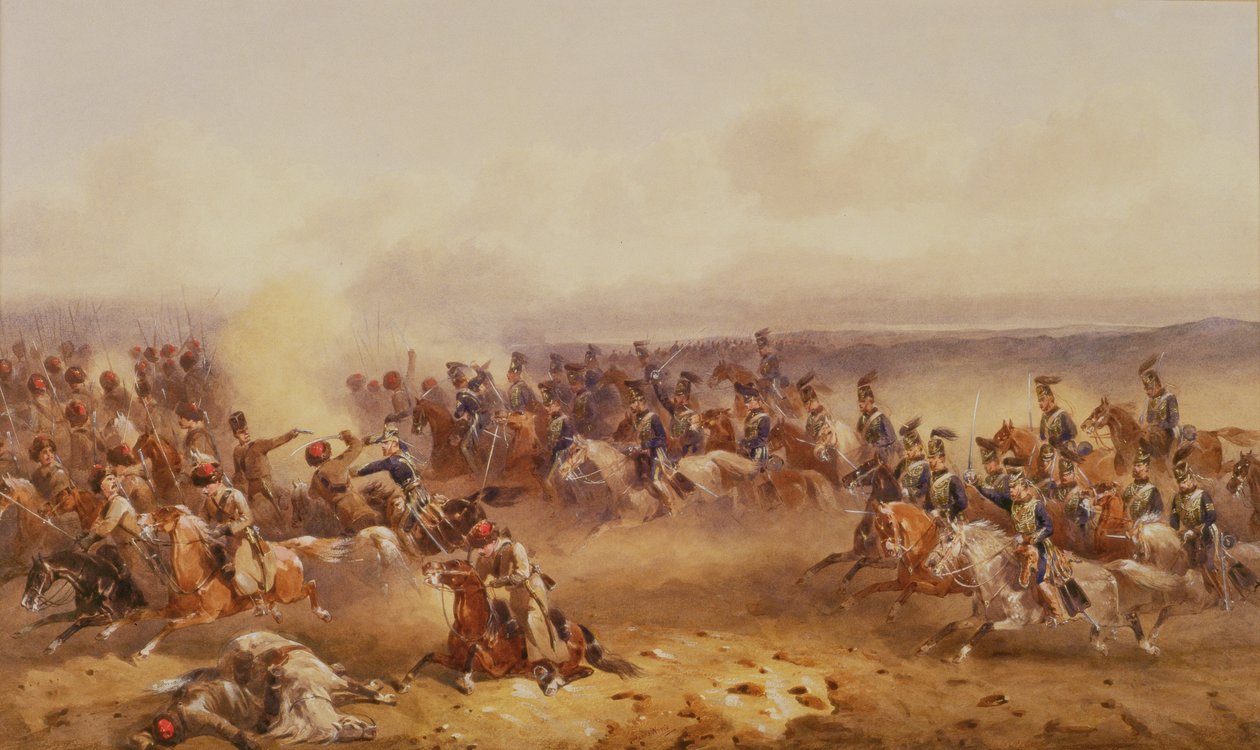 Ein Geschwader der 10. Husaren besiegt die Russen bei Tschernaja, 16. August 1855, ca. 1890 von Orlando Norie