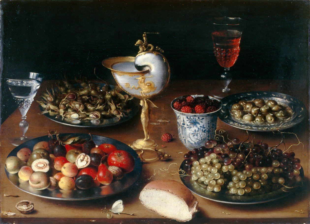 Stillleben mit Nautilusbecher, Obst, Nüssen und Wein von Osias the Elder Beert