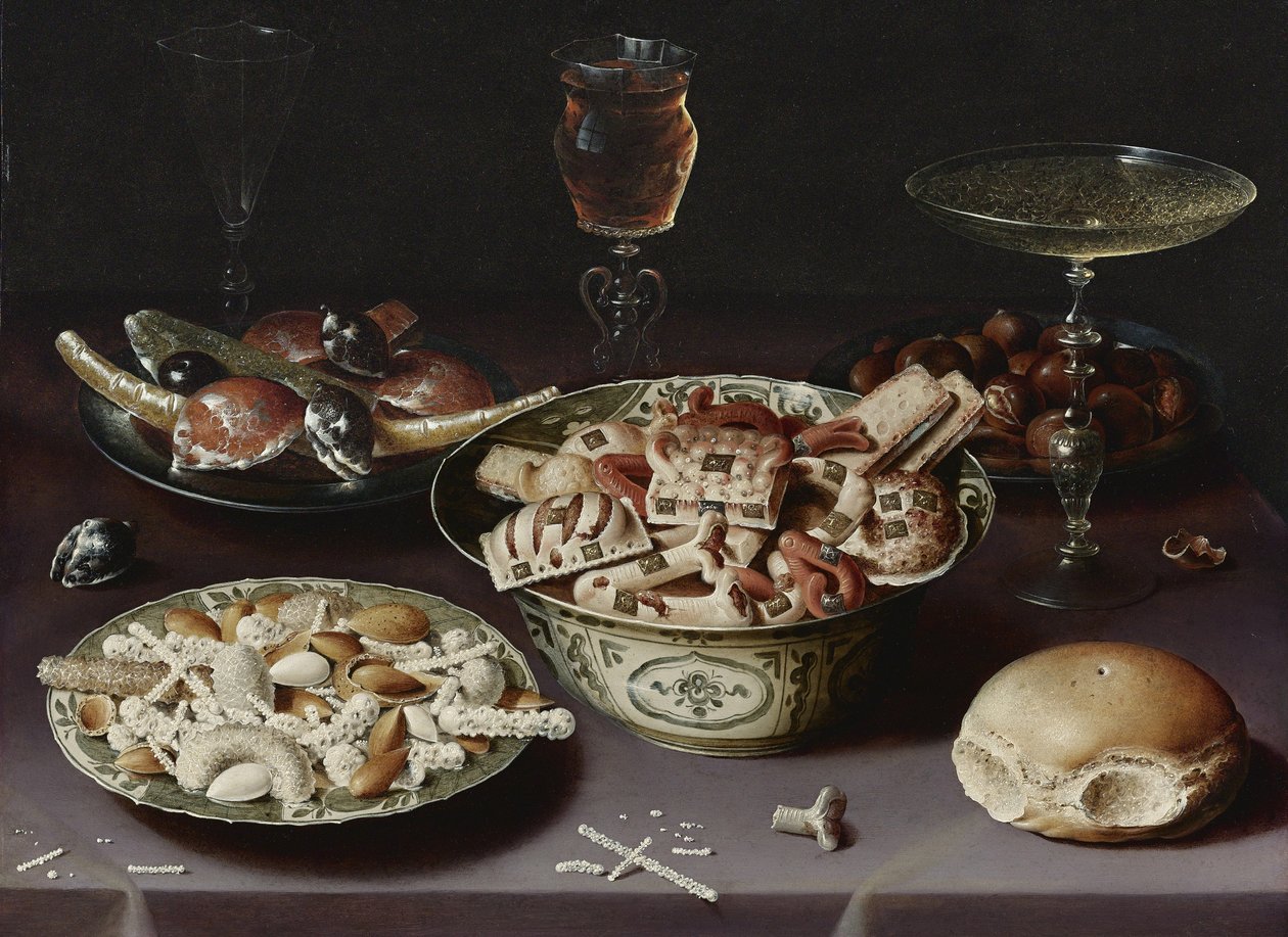 Stillleben mit Süßigkeiten, Kastanien und einem Brötchen von Osias the Elder Beert