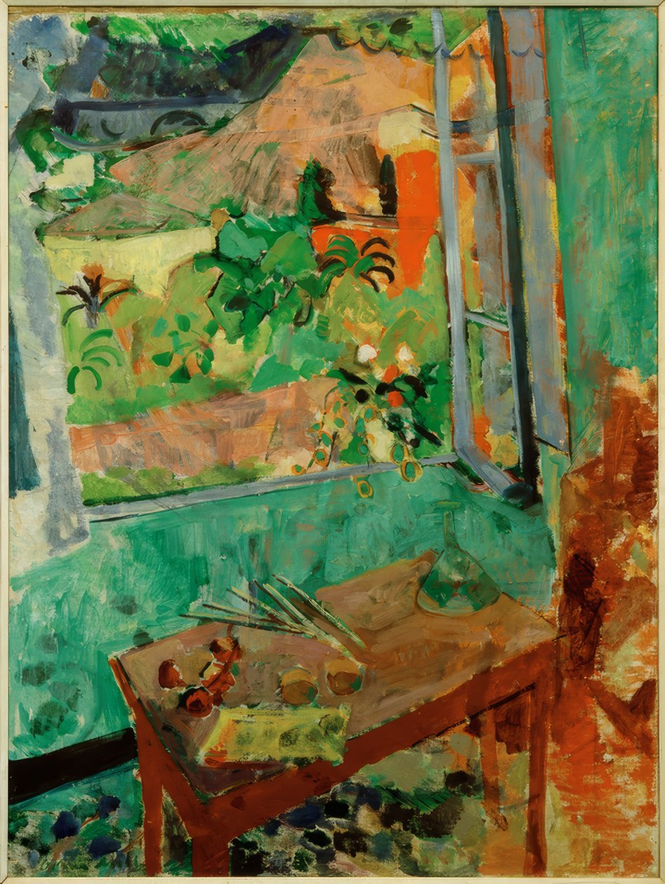 Atelier mit Fensterausblick auf Haus und Brücke, Levanto von Oskar Moll