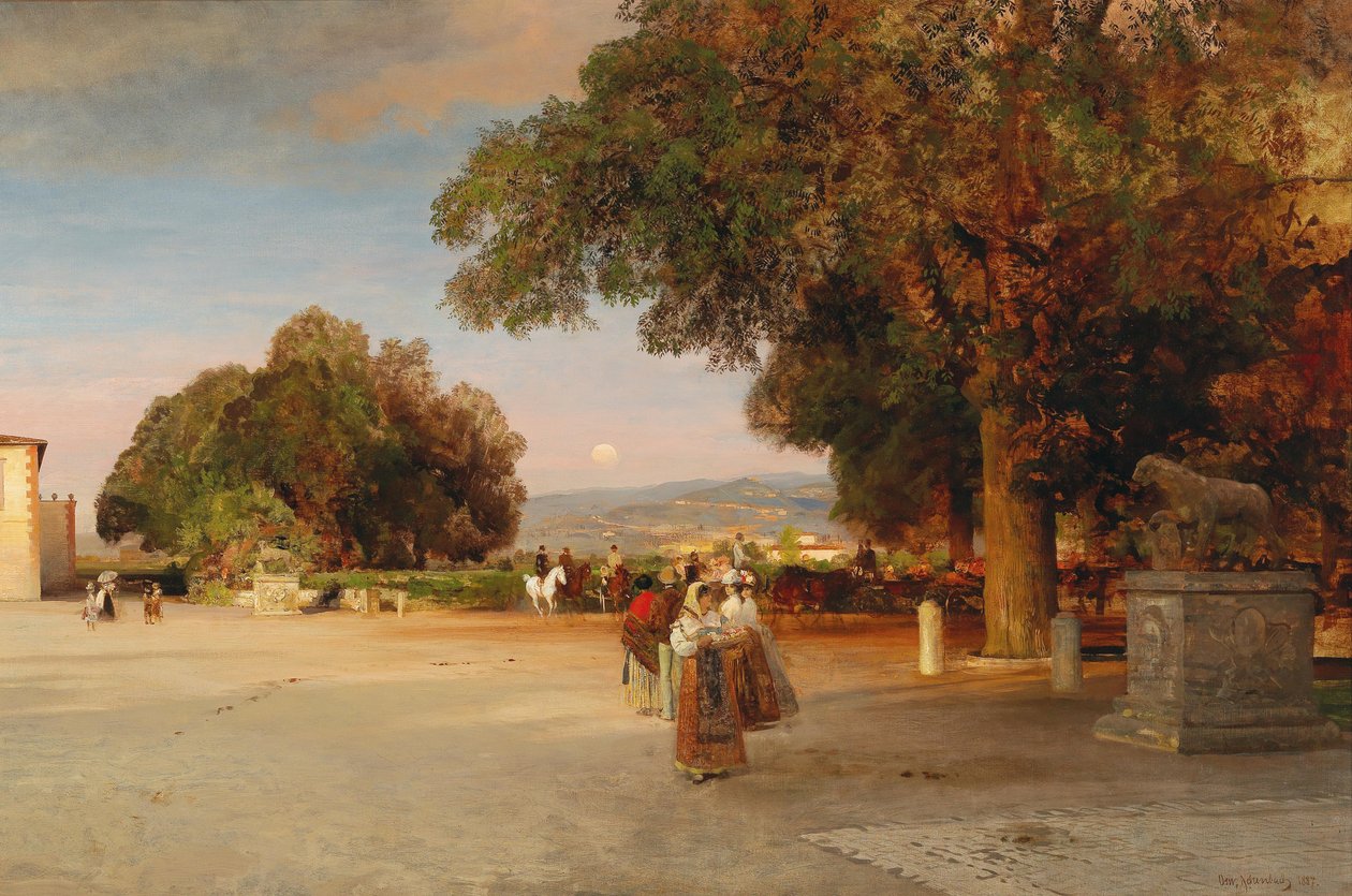 Szene bei Dämmerung auf der Terrasse der Villa Grazioli in Grottaferrata von Oswald Achenbach
