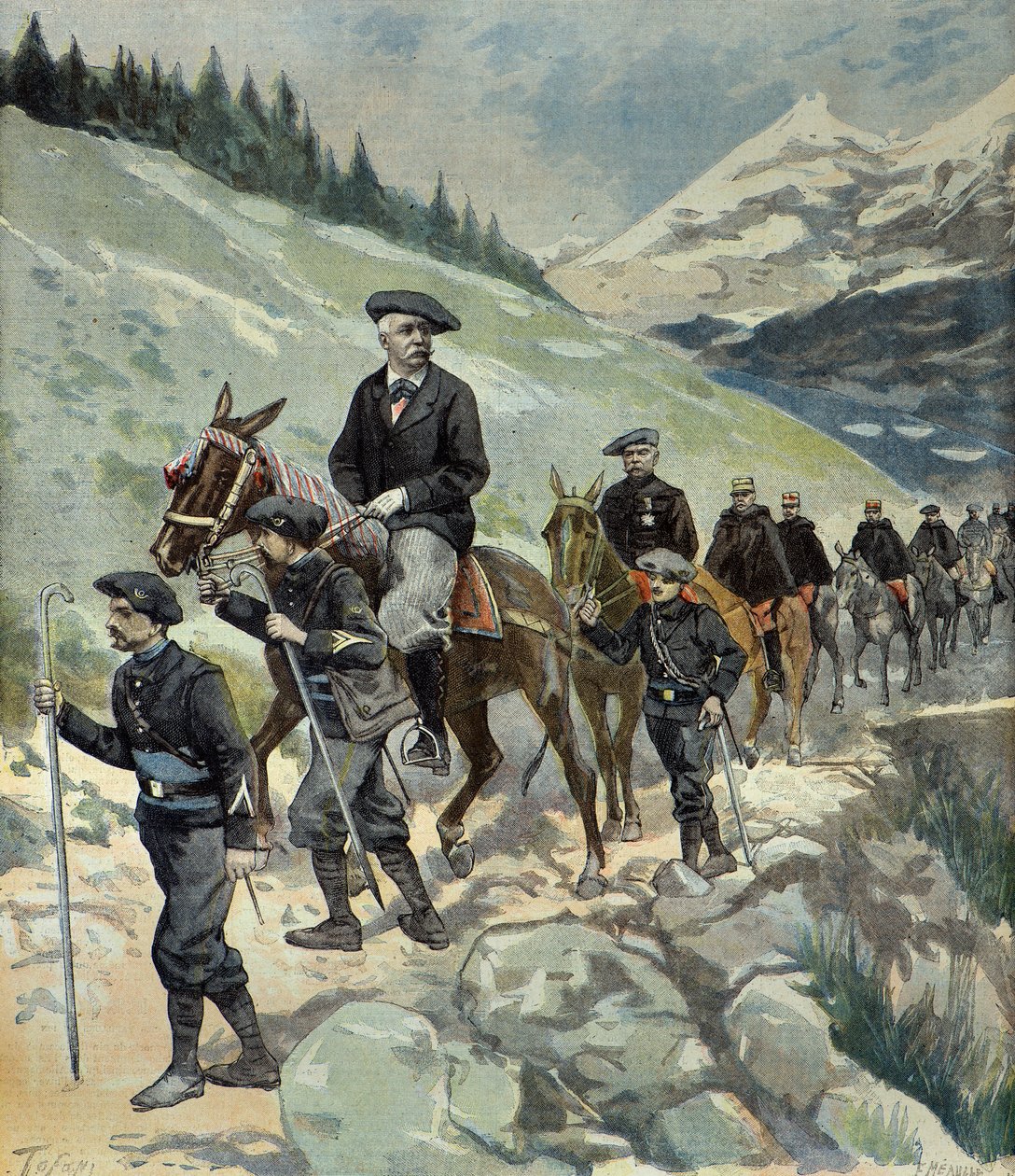Felix Faure mit Alpenjägern auf einer Reise in die Alpen 1897 (Gravur) von Oswaldo Tofani