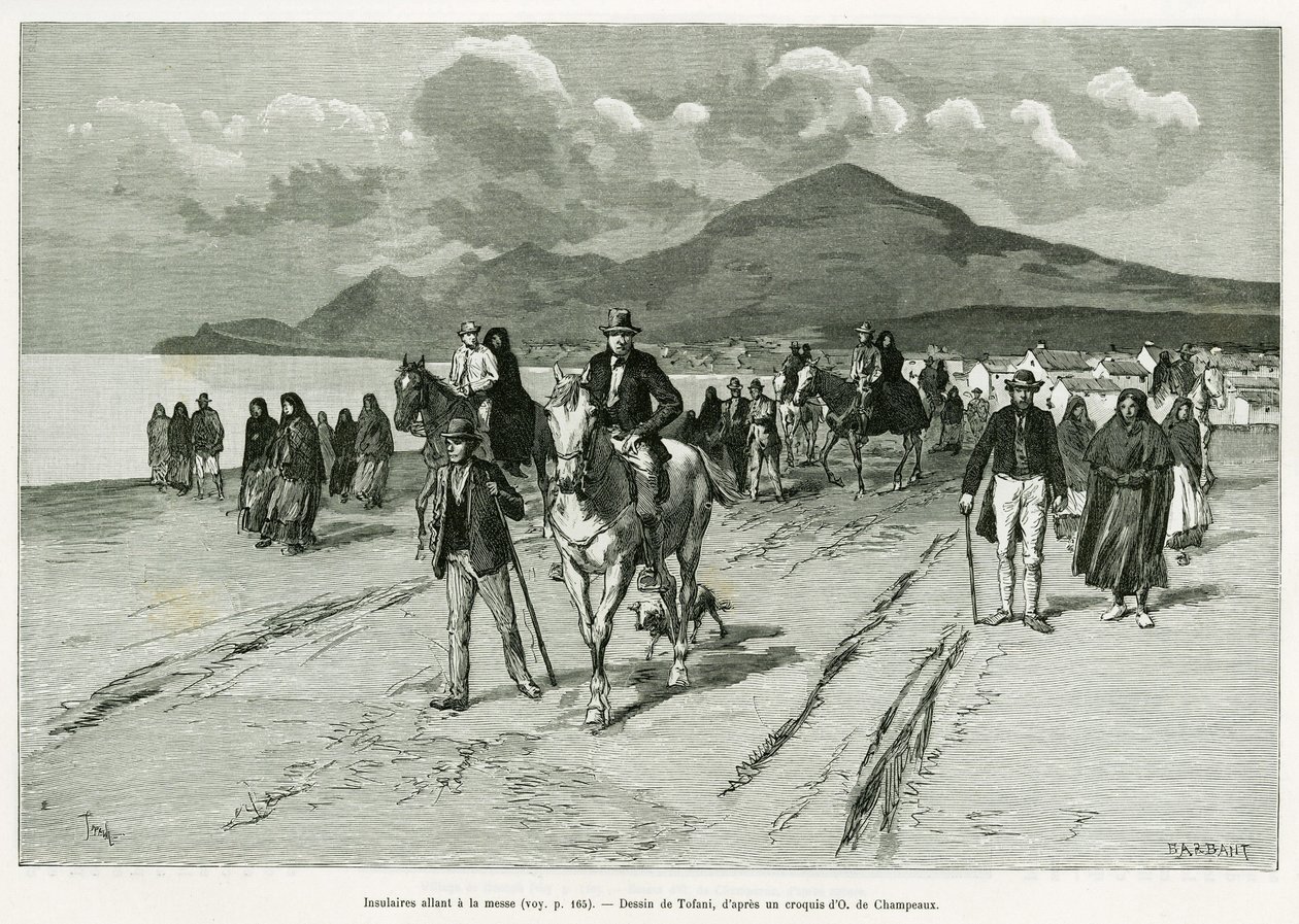 Inselbewohner auf dem Weg zur Messe. Gravur von Tofani zur Illustration der Geschichte „Drei Monate in Irland“ von Marie Anne de Bovet, veröffentlicht in Le Tour du monde 1890 von Oswaldo Tofani