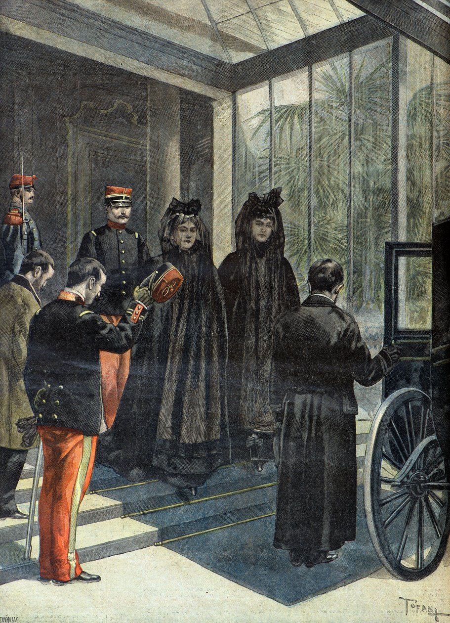Madame Felix Faure verlässt den Elysee nach dem Tod des Präsidenten der Republik 1899 (Gravur) von Oswaldo Tofani