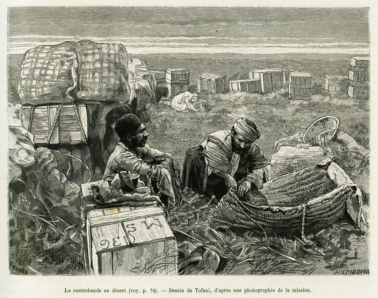 Schmuggel archäologischer Ausgrabungen in der persischen Wüste. Gravur von Tofani zur Illustration der Geschichte A Suse von Oswaldo Tofani