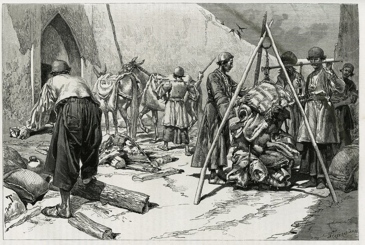 Das Wiegen des Gepäcks vor der Abreise der Delafoy-Hochzeitsexpedition. Gravur von Tofani, zur Illustration der Geschichte „Persien, Chaldäa und Susiane“. von Oswaldo Tofani