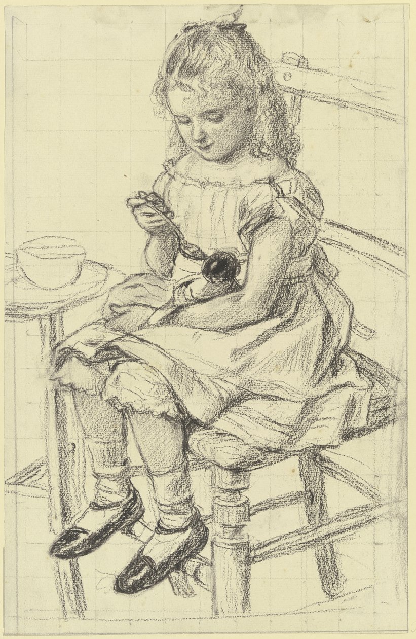 Ein Mädchen beim Füttern ihrer Puppe von Otto Scholderer
