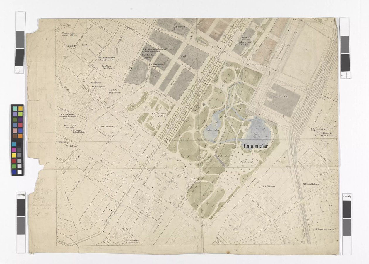 Generalregulierungsplan: Kartenblatt Ausschnitt östlicher Teil der Inneren Stadt und der Ringstraße, Stadtpark und Zentralmarkthalle von Otto Wagner