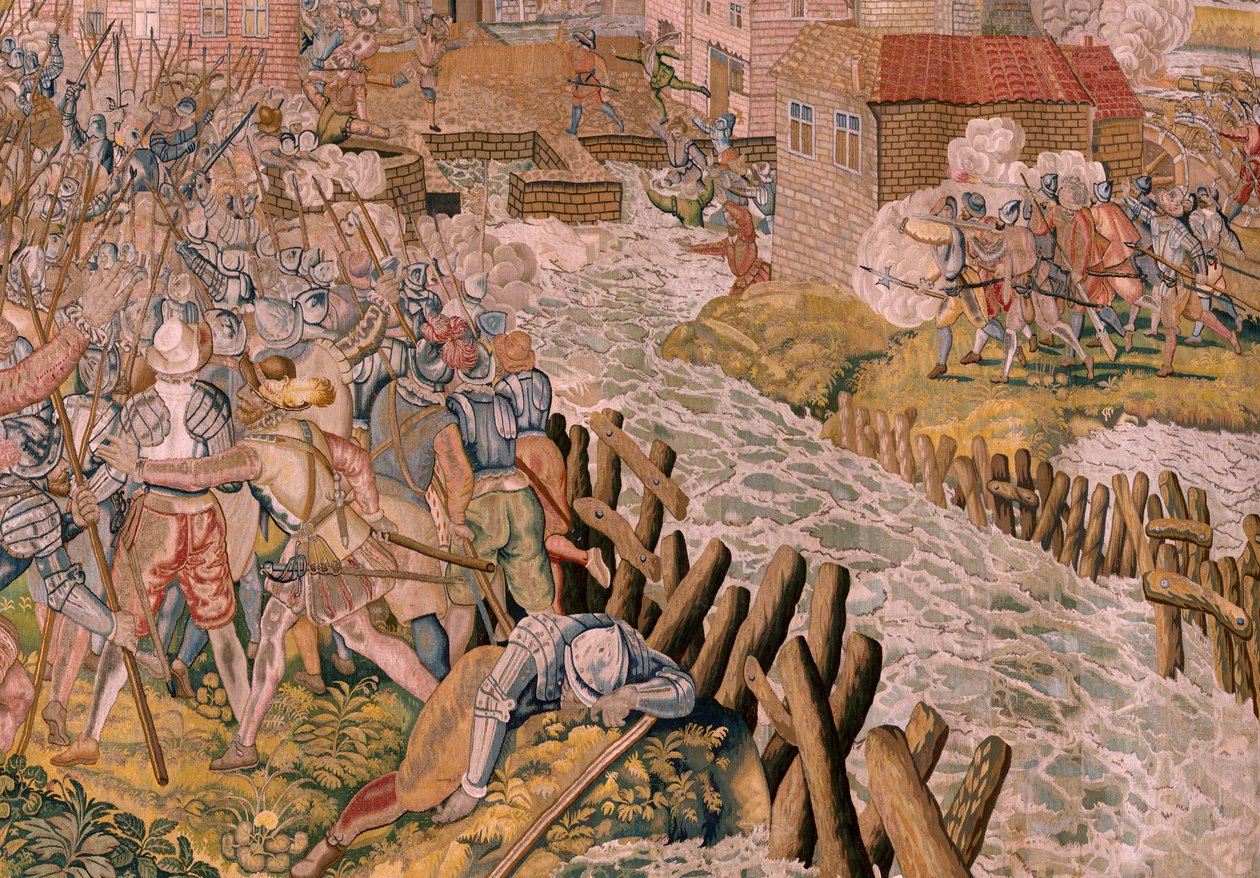 Flämischer Wandteppich. Serie Triumphe und Schlachten des Erzherzogs Albrecht. Überraschung in Calais. Erster Wandteppich der Serie. Modell Otto van Veen und Hans I Snellinck. Herstellung Martin Reynbouts, Brüssel. 1597-1599. Stoff Gold, Silber, Seide von Otto van Veen