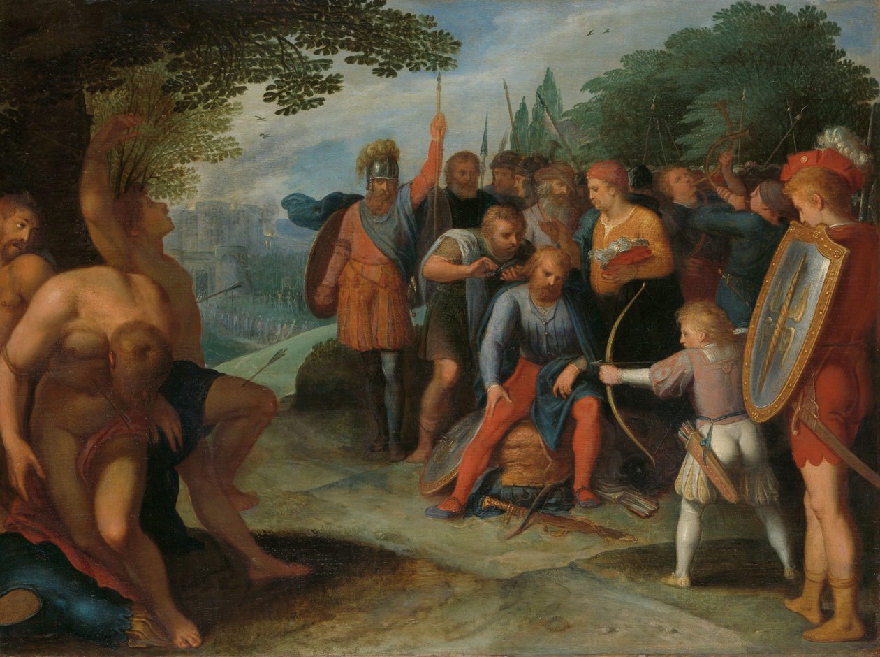 Julius Civilis lässt sich nach dem Fall von Vetera die Haare schneiden, während sein Sohn einige der Gefangenen tötet von Otto van Veen