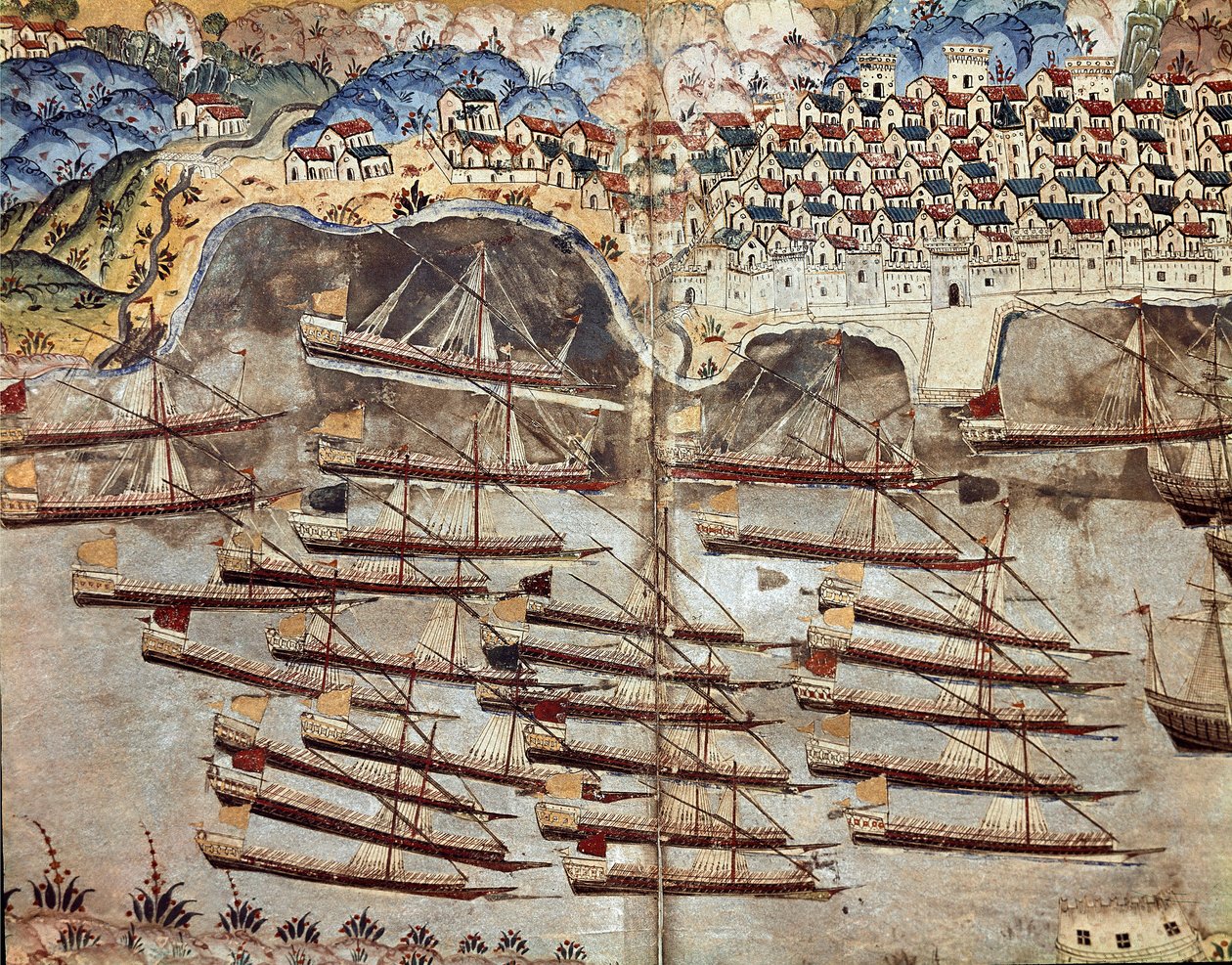 Osmanisches Reich: Darstellung der Flotte von Barbarossa vor der Stadt Nizza von Ottoman School