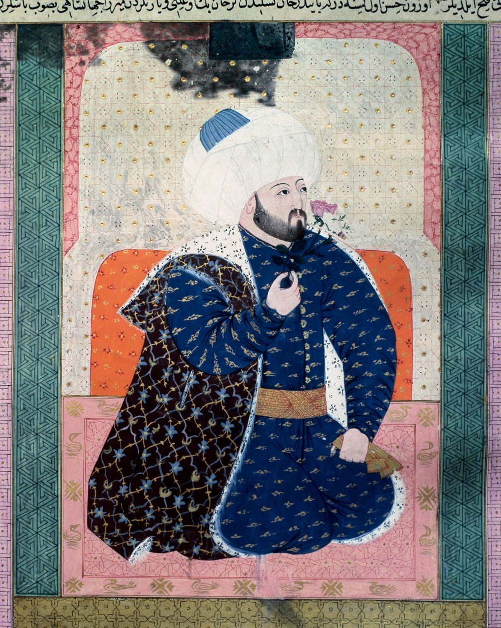 Porträt des Sultans des Osmanischen Reiches Mehet II. (1430-1481). Miniatur aus dem Manuskript „Zubdatat-al-Tawarikh“ (Creme der Geschichten) von Historiker Seyyid Loqman Ashuri 1538. Türkisches und Islamisches Kunstmuseum von Ottoman School