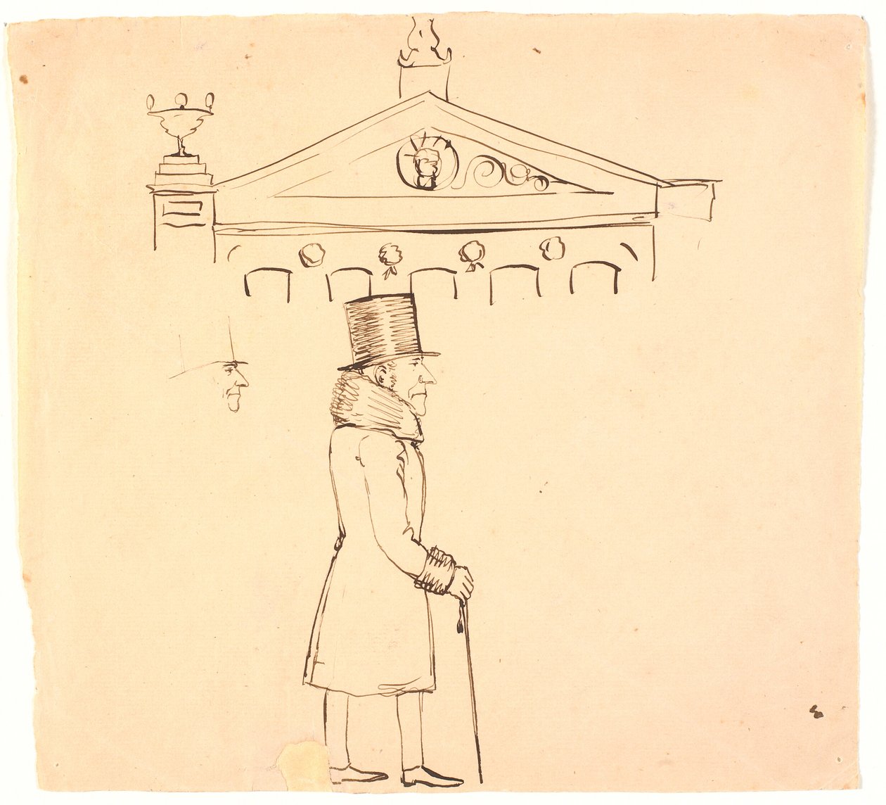 Karikatur eines pelzbekleideten Herrn vor dem Casino von P.C. Skovgaard