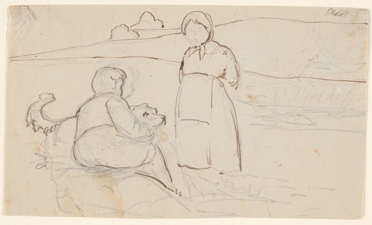 Sitzender Junge mit Hund und stehendes Mädchen in einer Landschaft von P.C. Skovgaard