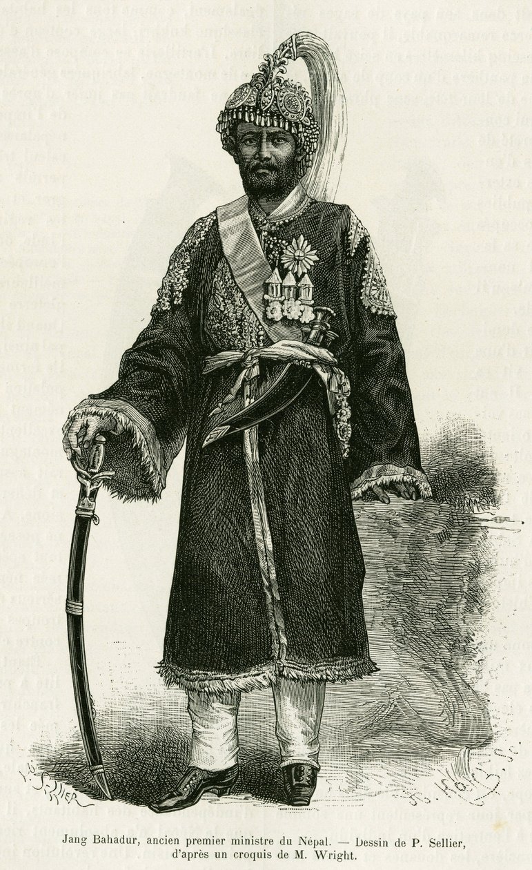 Jang Bahadur (1816-1877), Premierminister von Nepal. Gravur von P. Sellier zur Illustration der Geschichte Voyage au Nepal, von Dr. Gustave Le Bon (1841-1931), in Le tour du monde 1886, unter der Leitung von Edouard Charton (1807-1890), Hachette, Paris von P. (after) Sellier