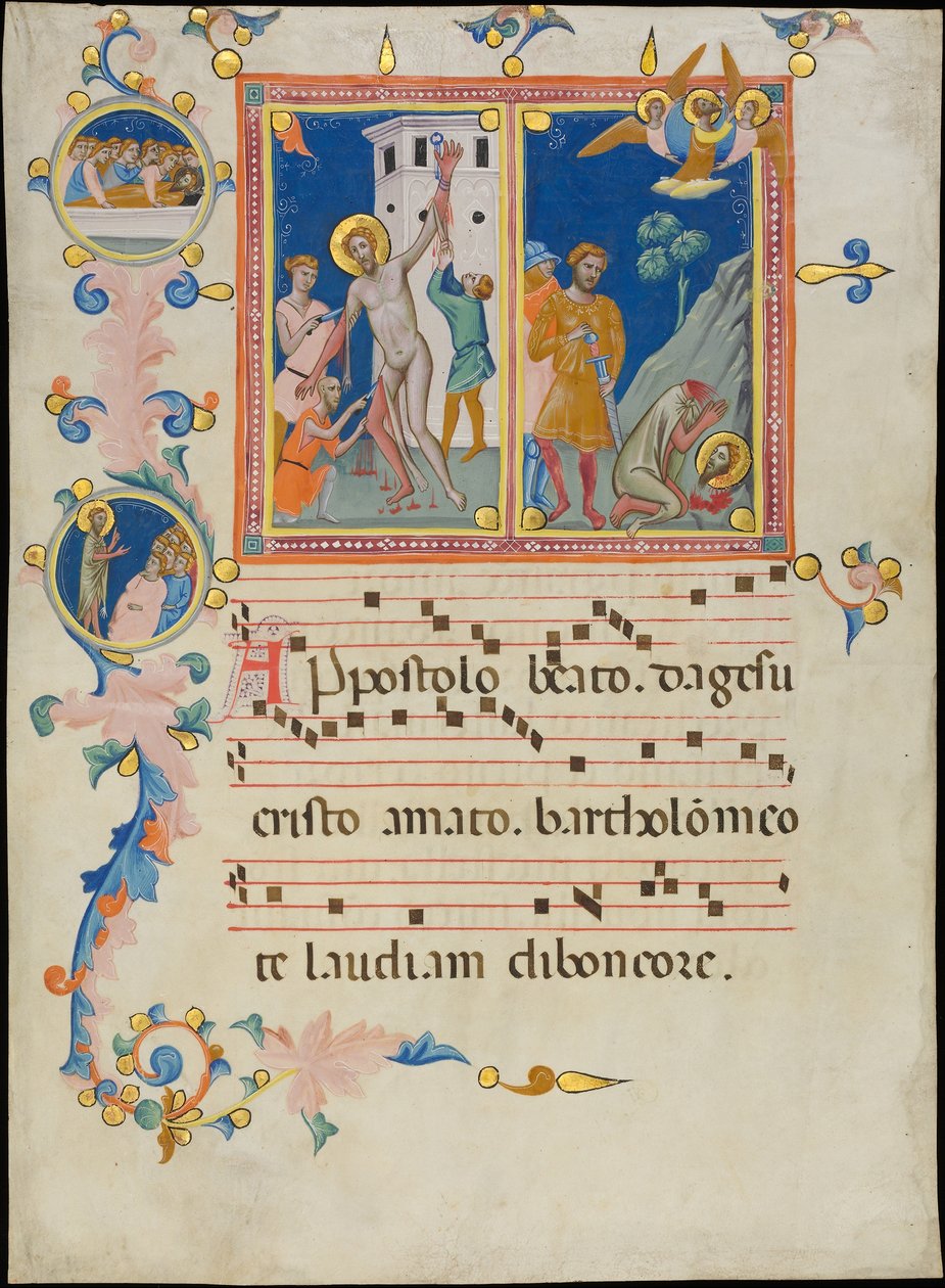 Manuskriptblatt mit dem Martyrium des Heiligen Bartholomäus, aus einem Laudario von Pacino di Bonaguida