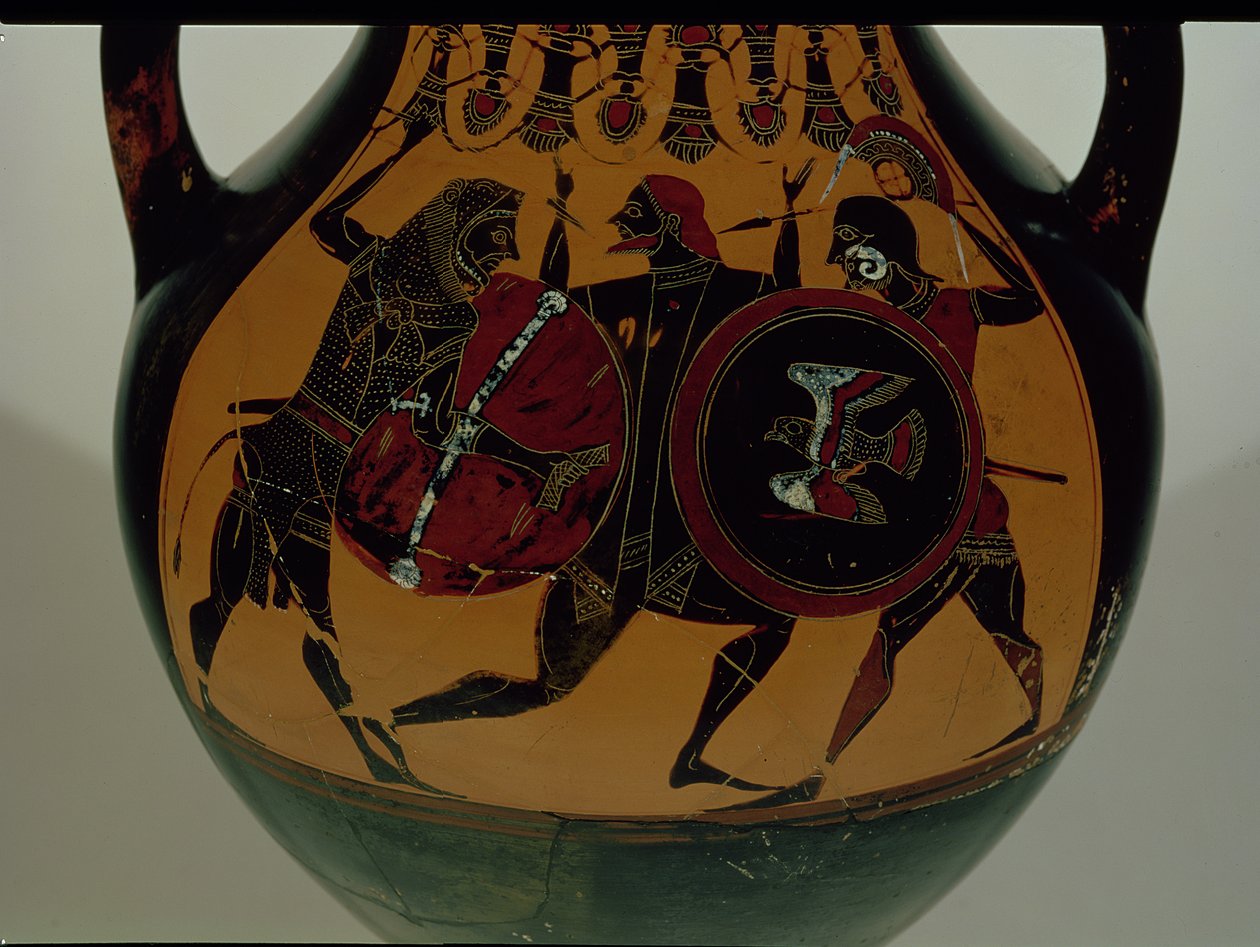 Attische schwarzfigurige Amphore, dekoriert mit einer Szene von Herakles im Löwenfell, der gegen Cycnus kämpft, ca. 540 v. Chr. (Keramik) von Painter of Berlin