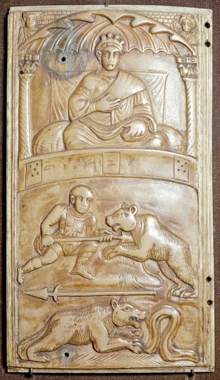 Spiele im Zirkus mit einem Bären (Elfenbeinrelief-Diptychon, ca. 400) von Paleo Christian