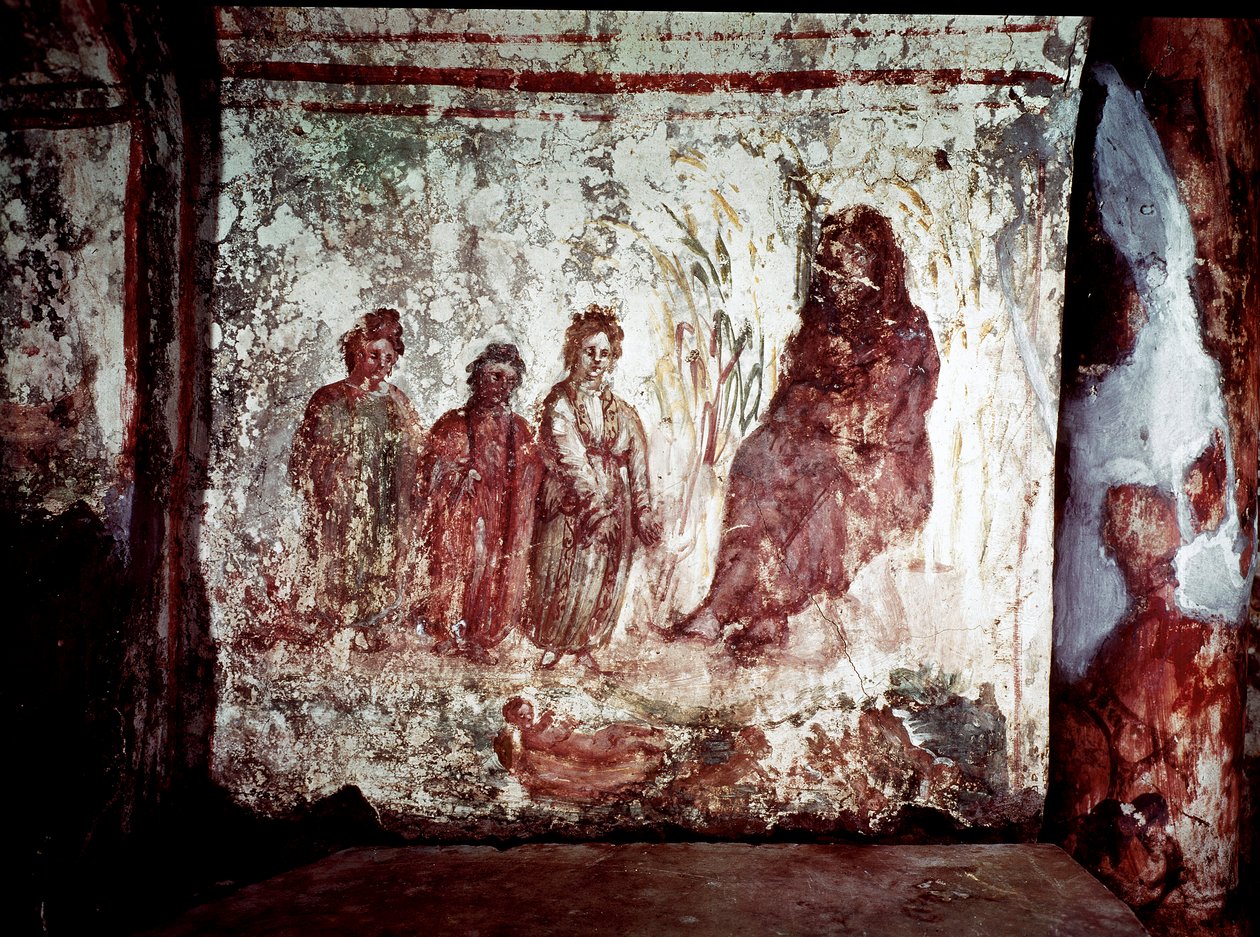 Frühchristliche Kunst: Moses wird von der Tochter des Pharao aus den Wassern des Nils gerettet. Fresko der Katakombe von Via Latina in Rom. 4. Jahrhundert von Paleo Christian