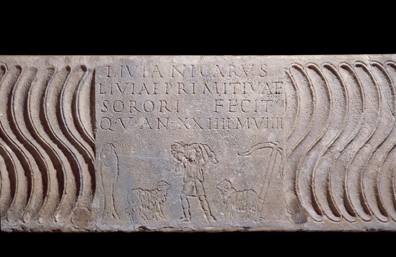 Paläochristliche Kunst: Fragmentierter Sarkophagbehälter: Guter Hirte und Epitaph von Livia Primitiva von Paleo Christian