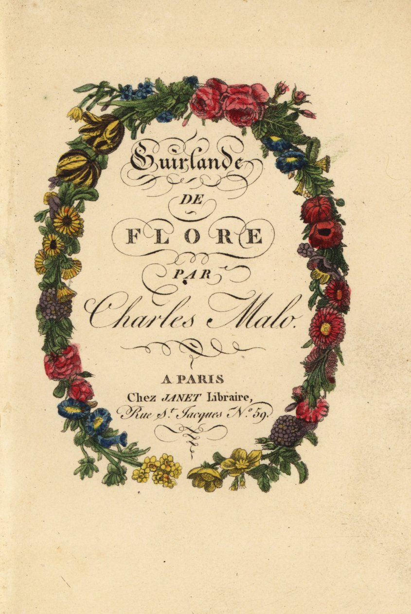 Kalligrafische Titelseite innerhalb eines Blumenkranzes aus Rosen, Tulpen und anderen Blumen von Pancrace (after) Bessa