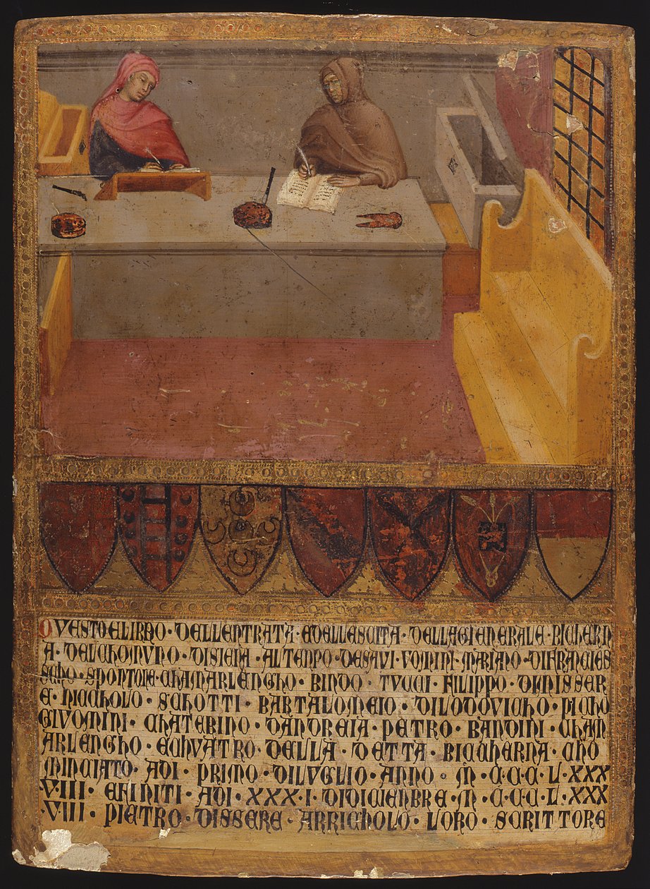 Finanzvorstand und Schreiber an ihrem Schreibtisch in der Biccherna (Einnahmebüro) von Paolo di Giovanni Fei