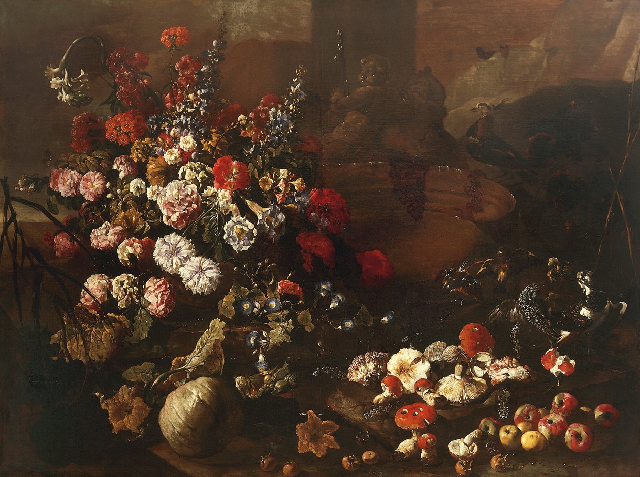 Stillleben mit Blumen, Früchten, Pilzen und Vögeln von Paolo Porpora