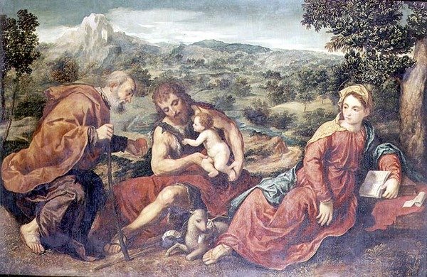 Heilige Familie mit Johannes dem Täufer in einer Landschaft von Paris Bordone